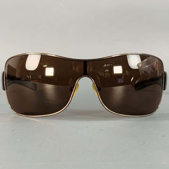 PRADA Brown Silver Acetate Shield Wrap Around Sunglasses - Picture 1 of 9